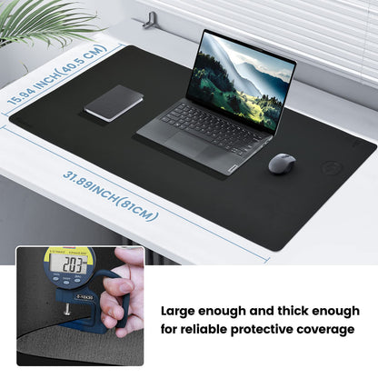 Desk Mat Wireless Charging Mouse Pad Large 32x16 Journey Desk Pad Mat with Wireless Charger Waterproof Black Leather Computer Mat with Phone Charger Mousepad Non-Slip for Keyboard and Mouse