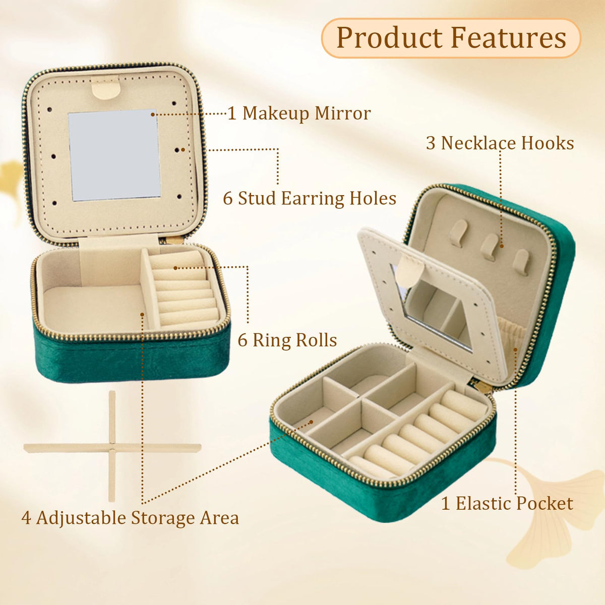 SRYTCYDA 4PC Travel Jewelry Box, 3.93" × 3.93" Portable Small Velvet Jewlery Organizers and Storage with Mirror, Travel Jewellery Case Gift for Women for Stud Earrings, Rings, Necklaces (Dark green)
