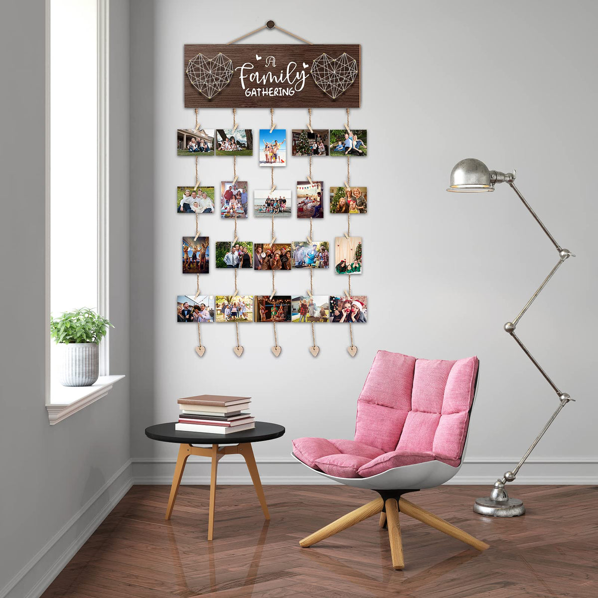 Picture Frames Collage Wall Decor, Rustic Wooden Hanging Photo Display with Clips - Holds 20 4x6 Pictures - Photo Holder for Home Decor, Gift Ideas, Family Memories, Christmas Card Holder