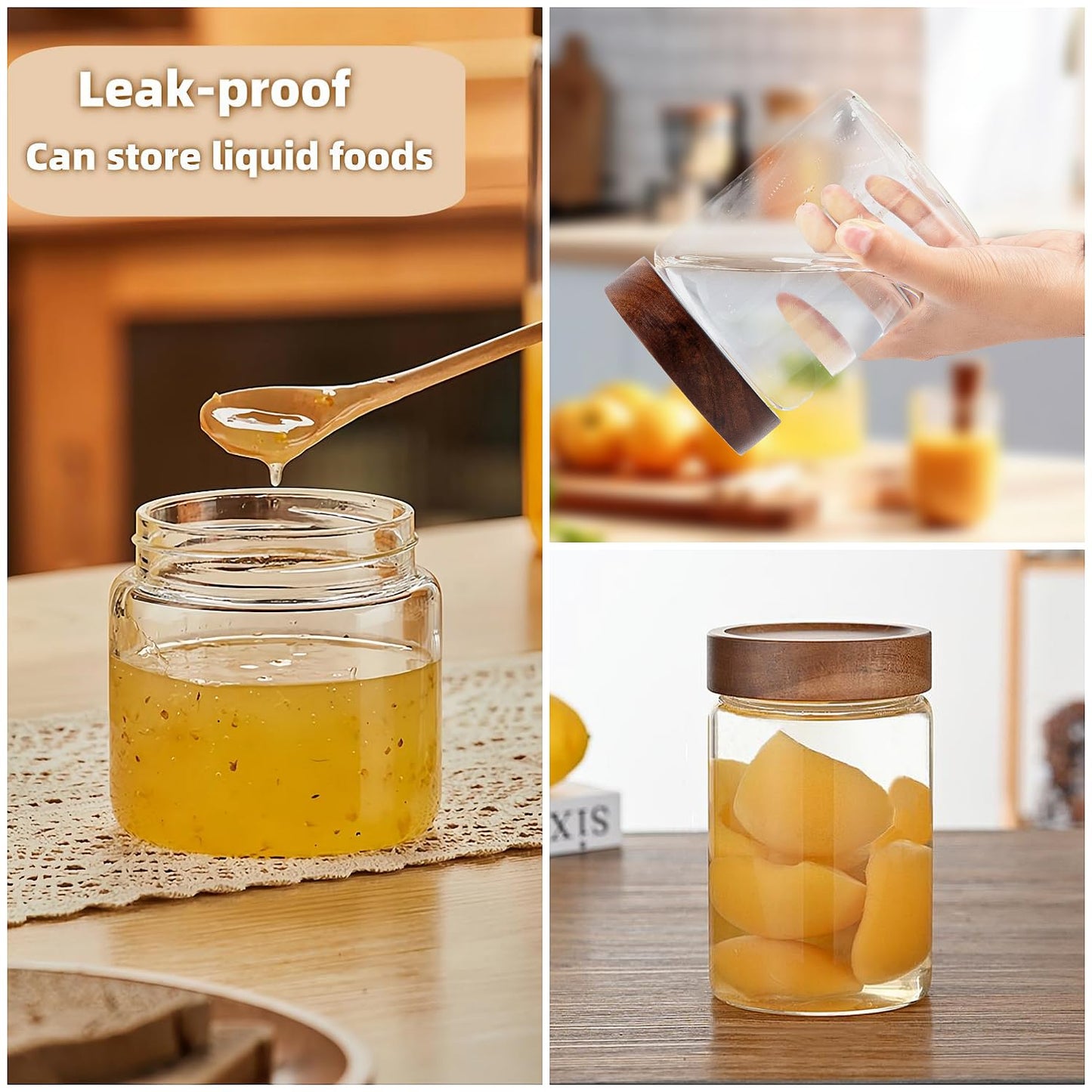 28 Fl oz/850 ml Glass Food Storage Jar, Premium Clear Glass Container Jar with Airtight Screw-on Wooden Lid, Kitchen Canisters for Coffee,Tea,Pasta,Cookies, Nuts,Spice,Candy,Overnight Oatmeal（Medium）