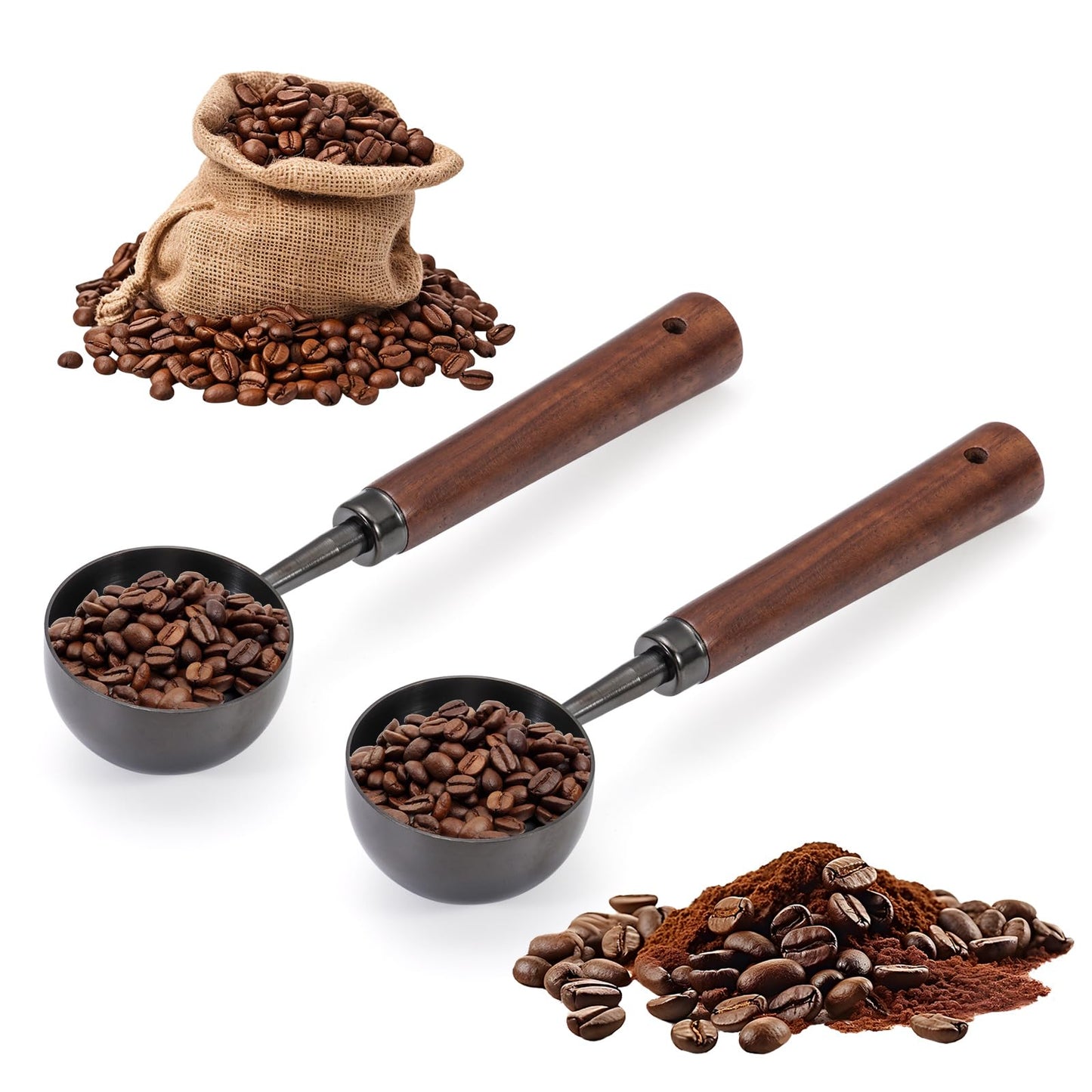 Vintage Coffee Scoop 10g/30ml Capacity 2pcs Retro 304 Stainless Steel Coffee Measuring Spoon Walnut Wooden Handle Coffee Scoop Kitchen Utensil for Measuring Scooping Tea Coffee Spices (Long Handle)