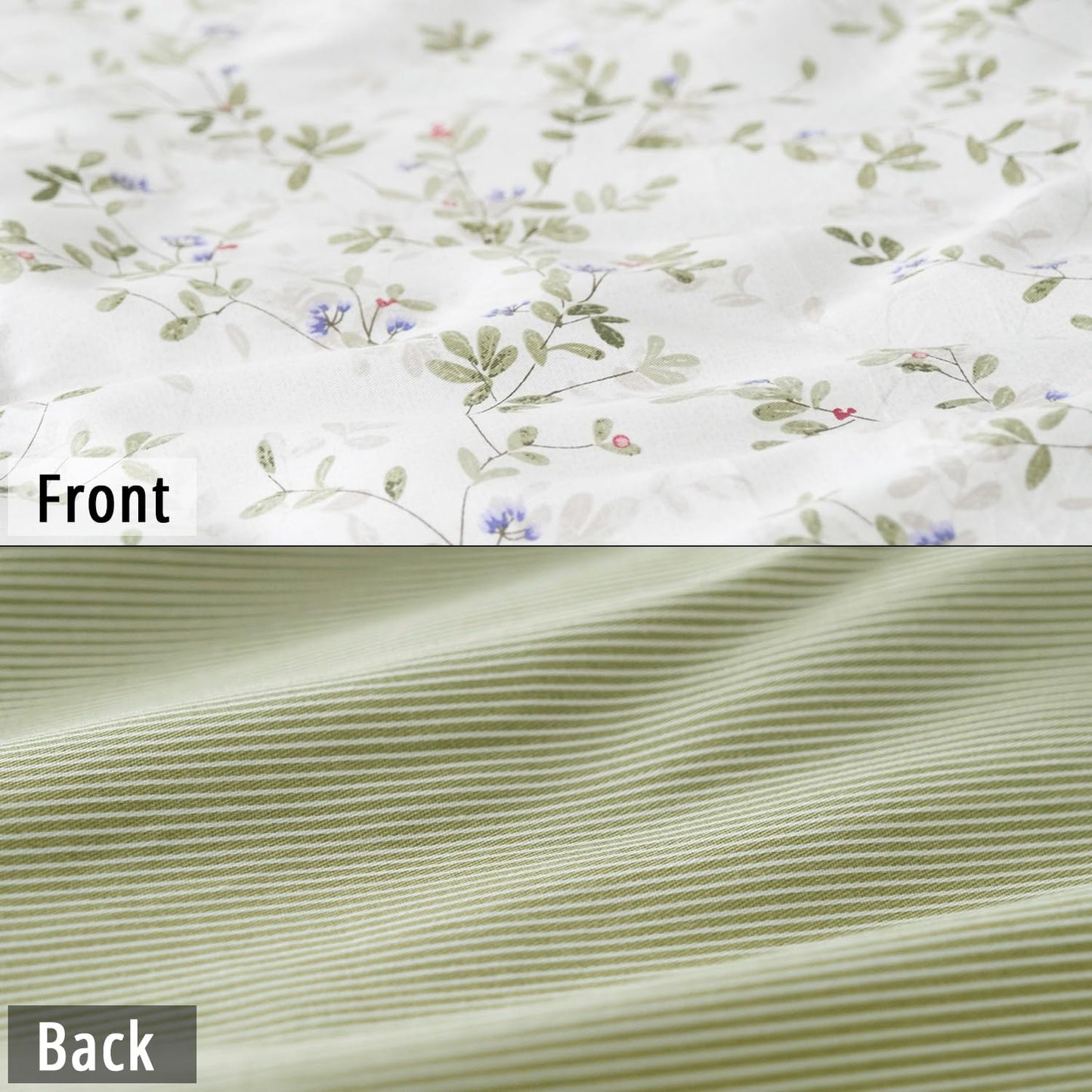 LEMIROE Botanical Cotton Comforter King Size - Tender Green Comforter Printed with Leafy Branches & Purple Stamens on Off-White,Reversible Lightweight Bedding Sets 3Pcs