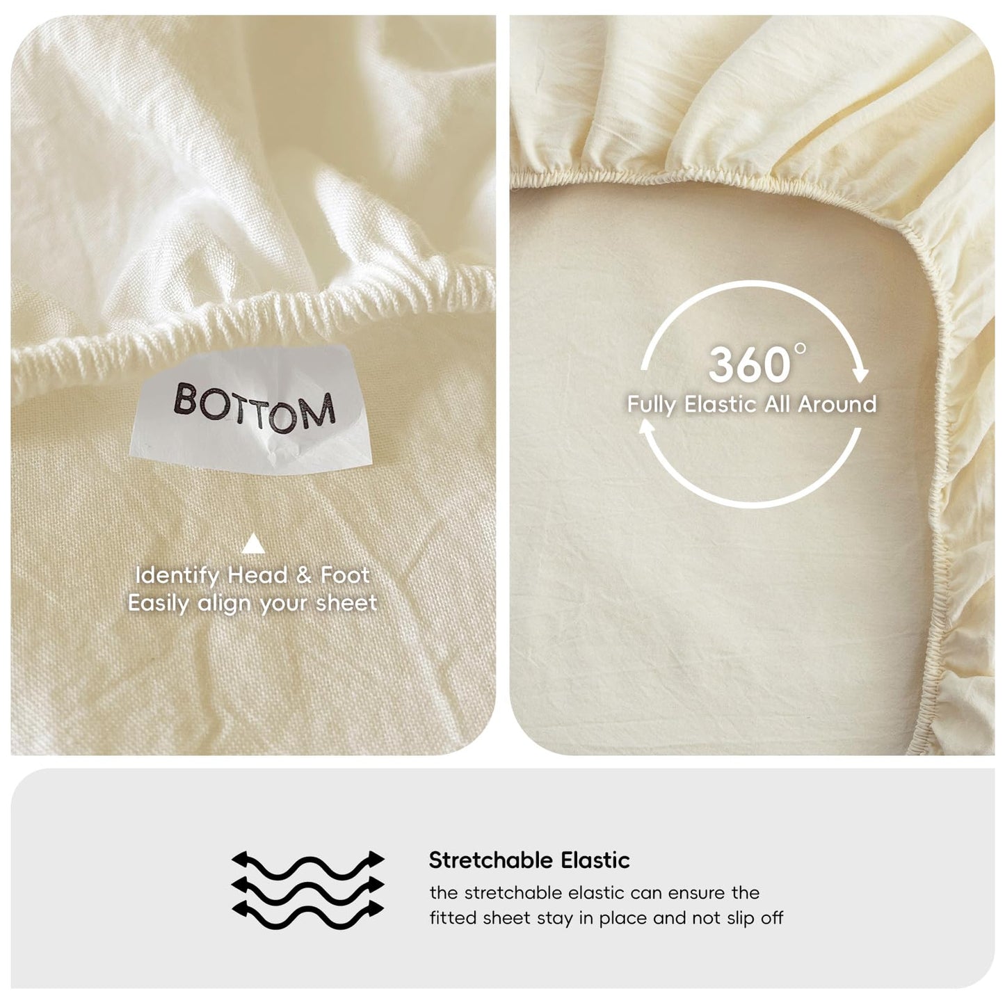 MooMee Fitted Bottom Sheet Only 100% Washed Cotton Linen Like Textured Breathable Durable Soft Comfy Deep Pocket Fits Mattress up to 17" (Cream White, King