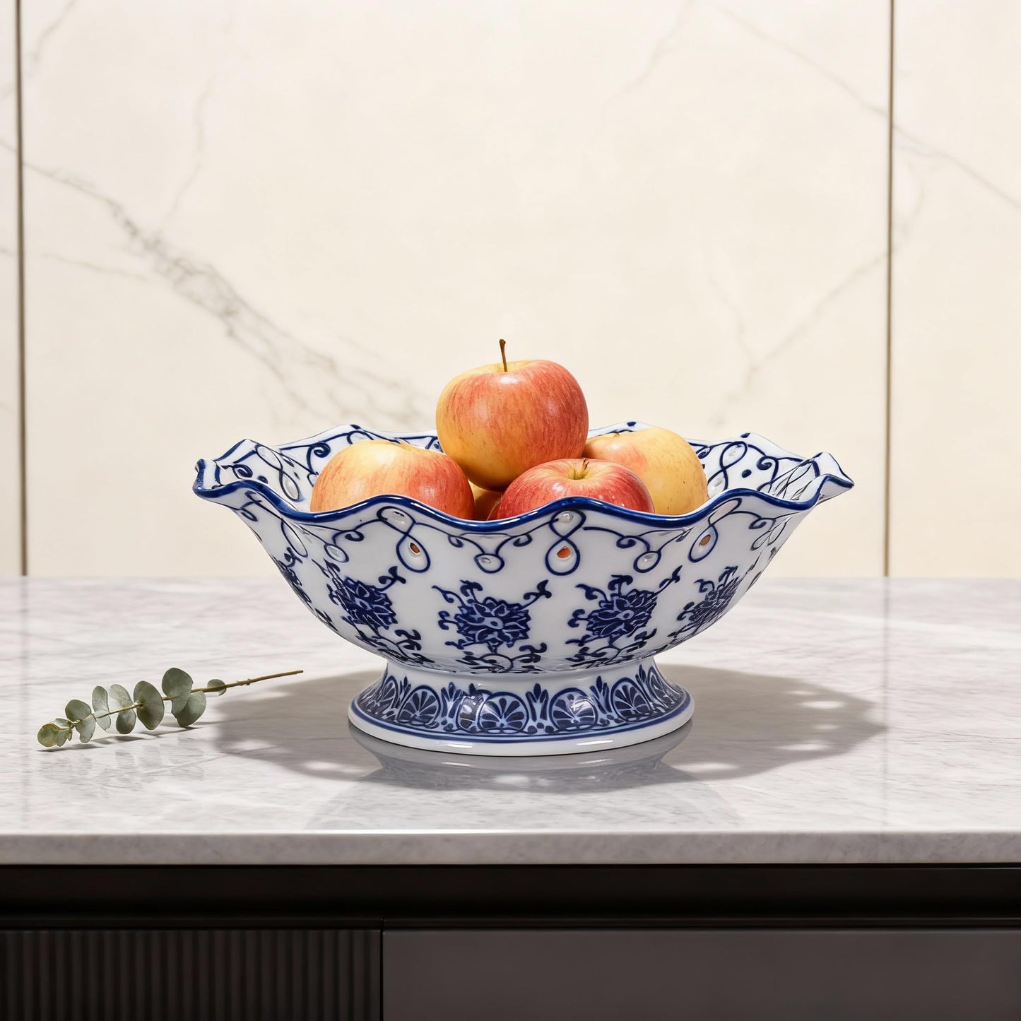 Blue and White Decorative Fruit Bowl for Kitchen Counter - 9.5" Large Ceramic Fruit Pedestal Bowl for Home Table Decor, Blue and White Chinoiserie Floral Decor, Large China Footed Fruits Bowls Basket