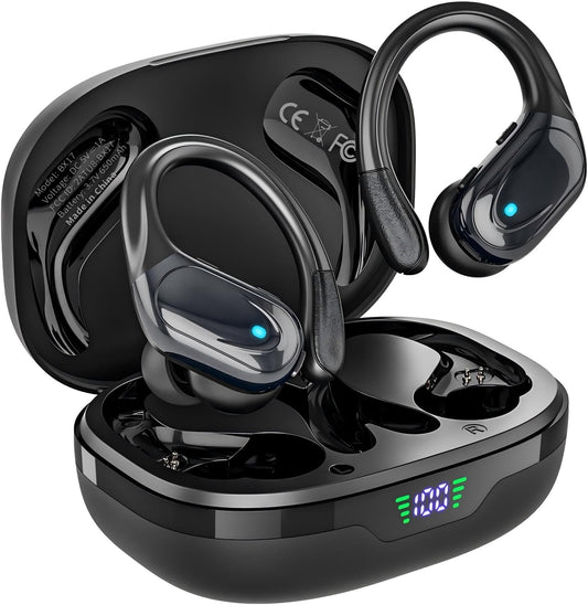HAOYUYAN Wireless Earbuds, Sports Bluetooth Headphones, 80Hrs Playtime Ear Buds with LED Power Display, Noise Canceling Headset, IPX7 Waterproof Earphones for Workout/Running (Black)