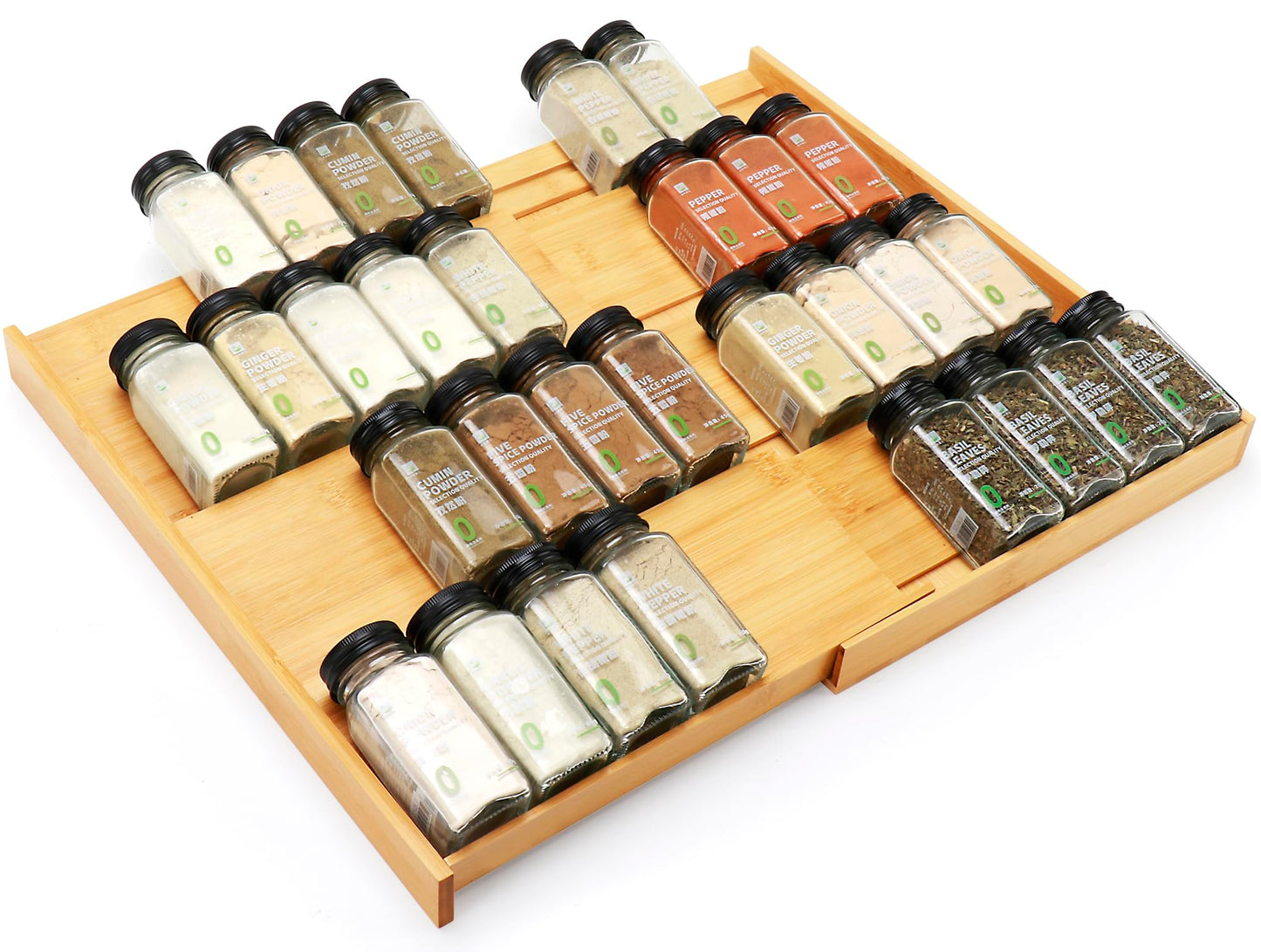 Bamboo Spice Drawer Organizer, (Need 3.1” Deep Drawer) Expandable 4 Tier Spice Rack for Cabinet (From 12" to 23" Wide), Seasoning Storage Insert, Spice Organizer for Drawer,Jars Not Included