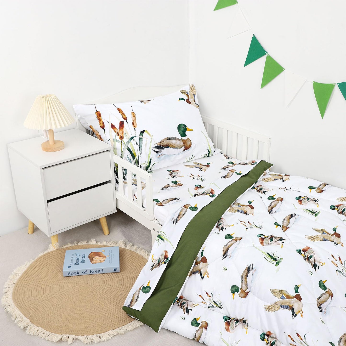 CARUILI Mallard Duck Toddler Bedding Set for Boys, 4 Pieces Soft Microfiber Green Toddler Comforter Set for 28" x 52" Toddler Mattress & Crib, Includes Comforter, Flat Sheet, Fitted Sheet, Pillowcase