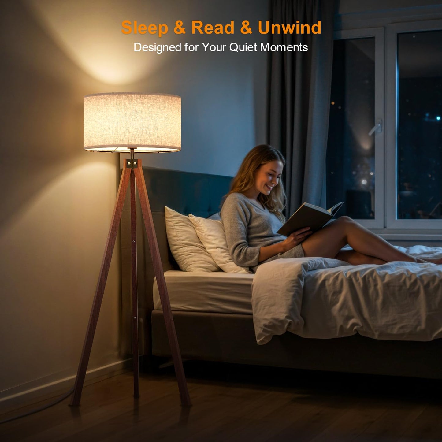LEPOWER Wood Tripod Floor Lamp, Mid Century Standing Lamp, Modern Design Studying Light for Living Room, Bedroom, Study and Office, Flaxen Linen Shade with E26 Base Brown