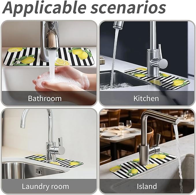 Kitchen Sink Splash Guard，Lemon-and stripes Faucet Mat Sink Gadgets-Super