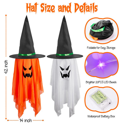 Minetom Halloween Lights Battery Operated, 2PC Large Hanging Witch Hats Lights, Total 40 LED, Glowing Ghost Witch Hat Light, Halloween Light Decoration for Outdoor Tree Indoor, Orange and Purple