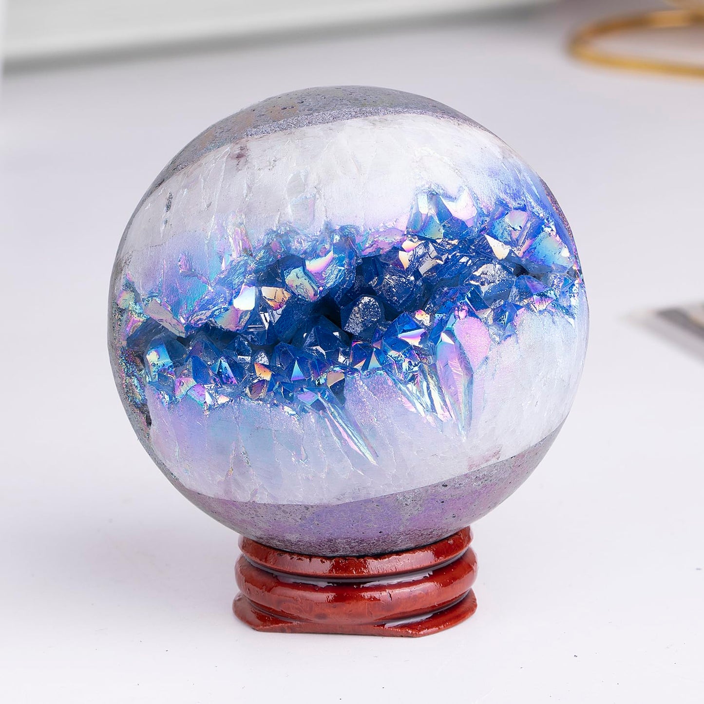 Sportmusies Titanium Coated Rock Crystal Geode Ball with Wooden Stand, Druzy Quartz Stone Cluster Sphere Reiki Home Office Decoration, Blue