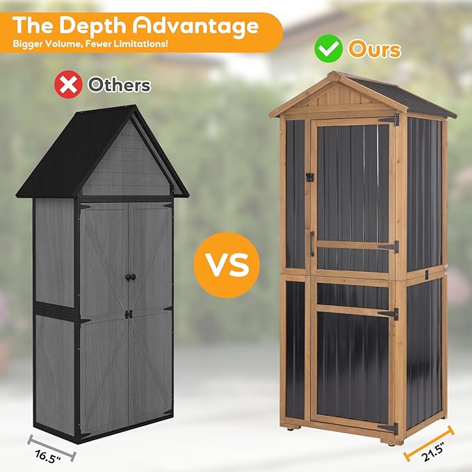 Outdoor Storage Cabinet, Wood & Metal Garden Shed with Waterproof Asphalt Roof, Patio Organizer with 3 Fixed Shelves & Removable Shelf for Long Tools, Lockable Magnetic Doors for Backyard Garage Pool