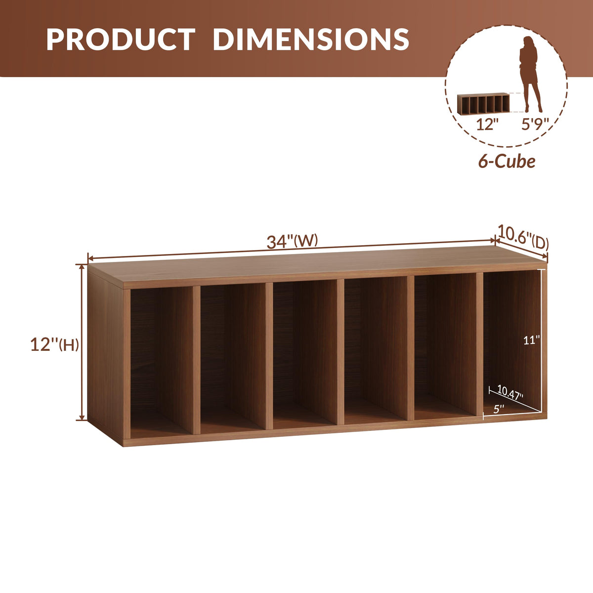 IOTXY DIY Modular Cube Bookcase - CubeXY Customizable Stackable Expandable Basic Shelving Units, 6-Cube Wooden Open Bookshelf with Removable Shelves for Books Organizer, Walnut