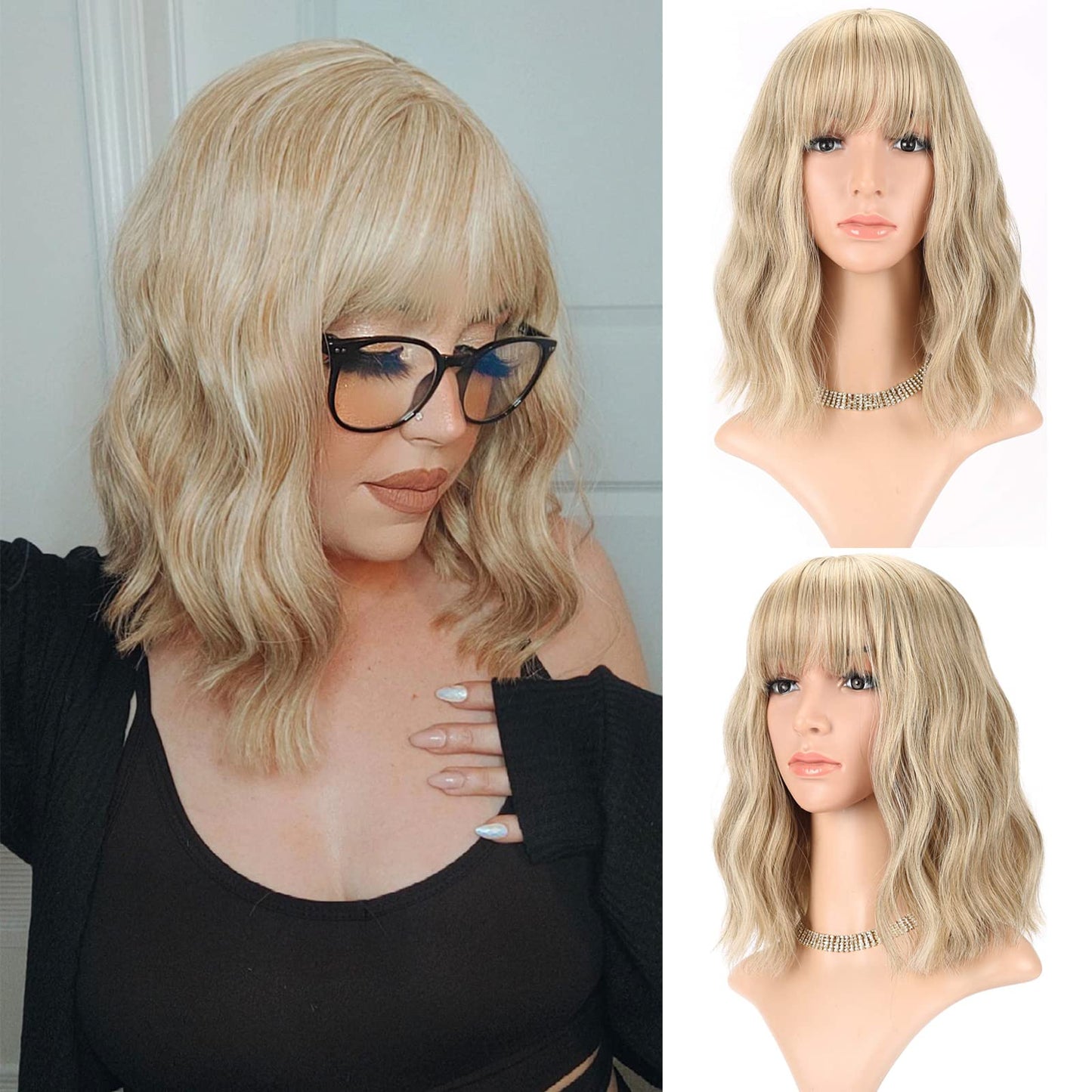 FAELBATY Blonde & Gold Bob Wig - Loose Wave, Air Bangs, Shoulder Length, Curly Wavy Synthetic, Mix Colors, 12"