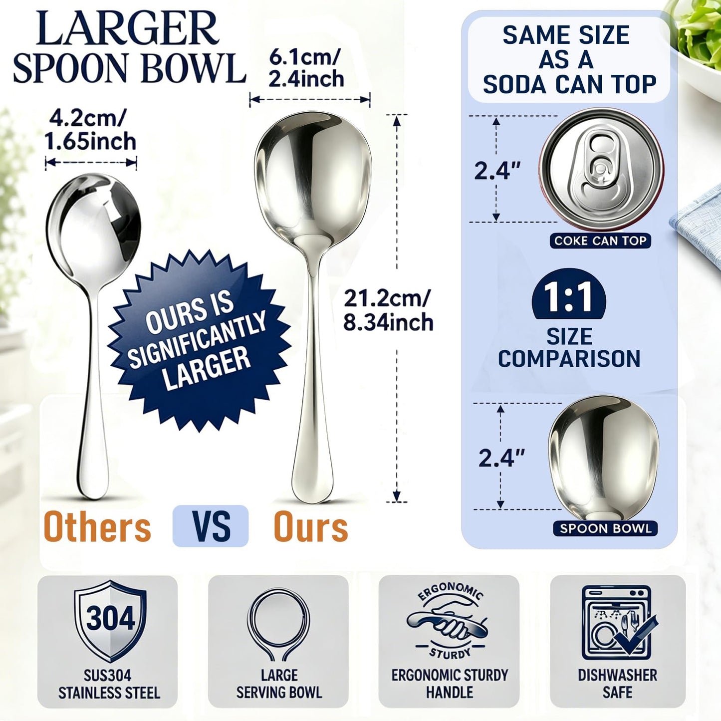4-Piece Serving Spoons, 18/8 stainless steel Spoon, Large Buffet Serving Spoon, Heavy Duty 304 Stainless Steel, Tabletop Flatware Utensil for Banquet, Cooking, and Kitchen