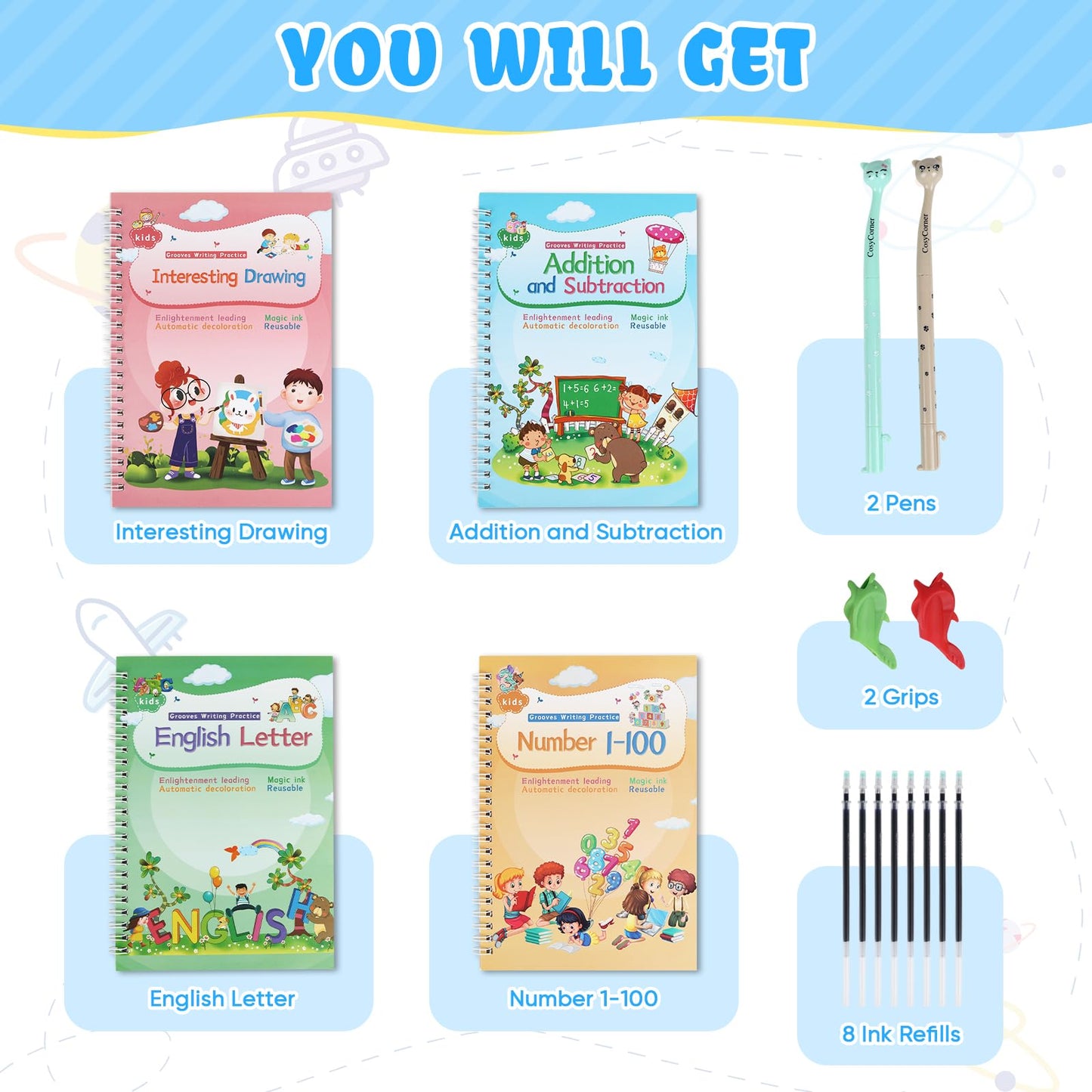 Magic Ink Copybooks for Kids Reusable Handwriting Workbooks for Preschools Grooves Template Design and Handwriting Aid Magic Practice Copybook for Kids The Print Writing (4 Books with Pens)
