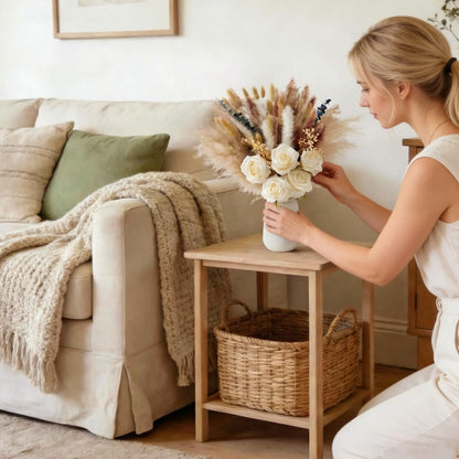 100pcs Dried Pampas Grass with Vase, Includes Artificial Silk Roses, Boho Natural Dried Flowers for Coffee Table Dining Room Home Decor Centerpiece, Farmhouse Rustic Floral Decoration for Living Room