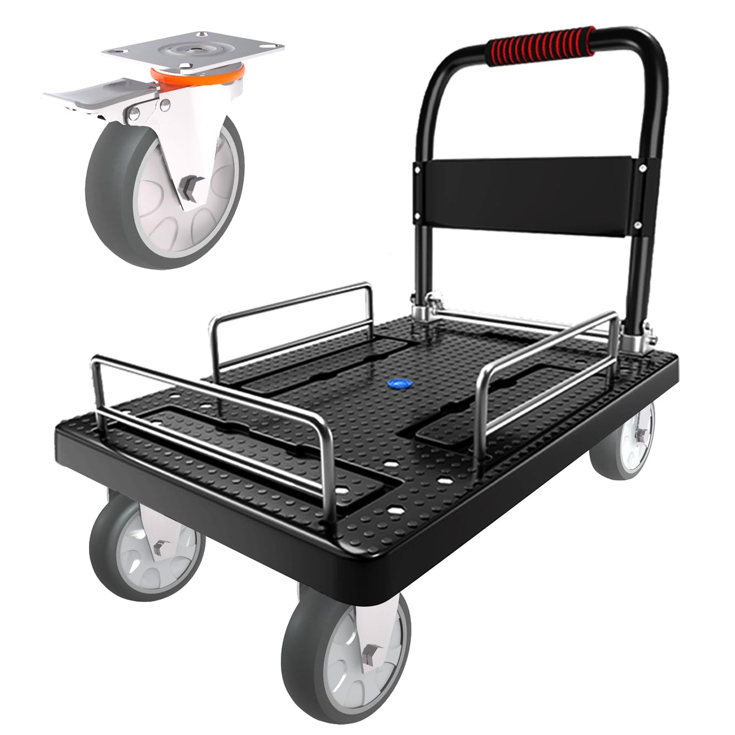 Platform Trucks Flatbed Cart Heavy Duty with Brake Wheels & Fence Foldable Hand Cart 1300lbs Capacity 36"x24" Moving Dolly for Furniture/Office/Groceries/Garage, Black