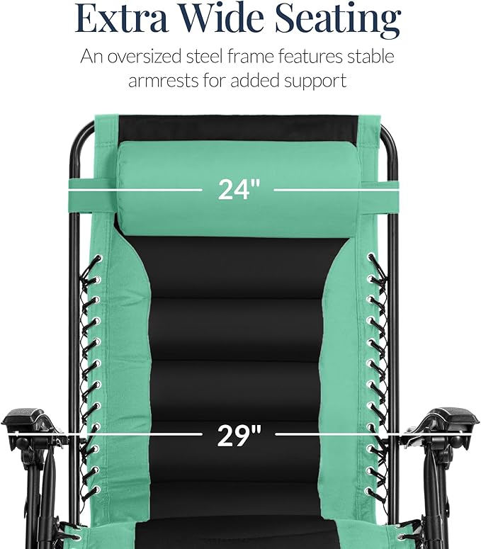 Best Choice Products Oversized Padded Zero Gravity Chair, Folding Outdoor Patio Recliner, XL Anti Gravity Lounger for Backyard w/Headrest, Cup Holder, Side Tray, Polyester Mesh - Green/Black