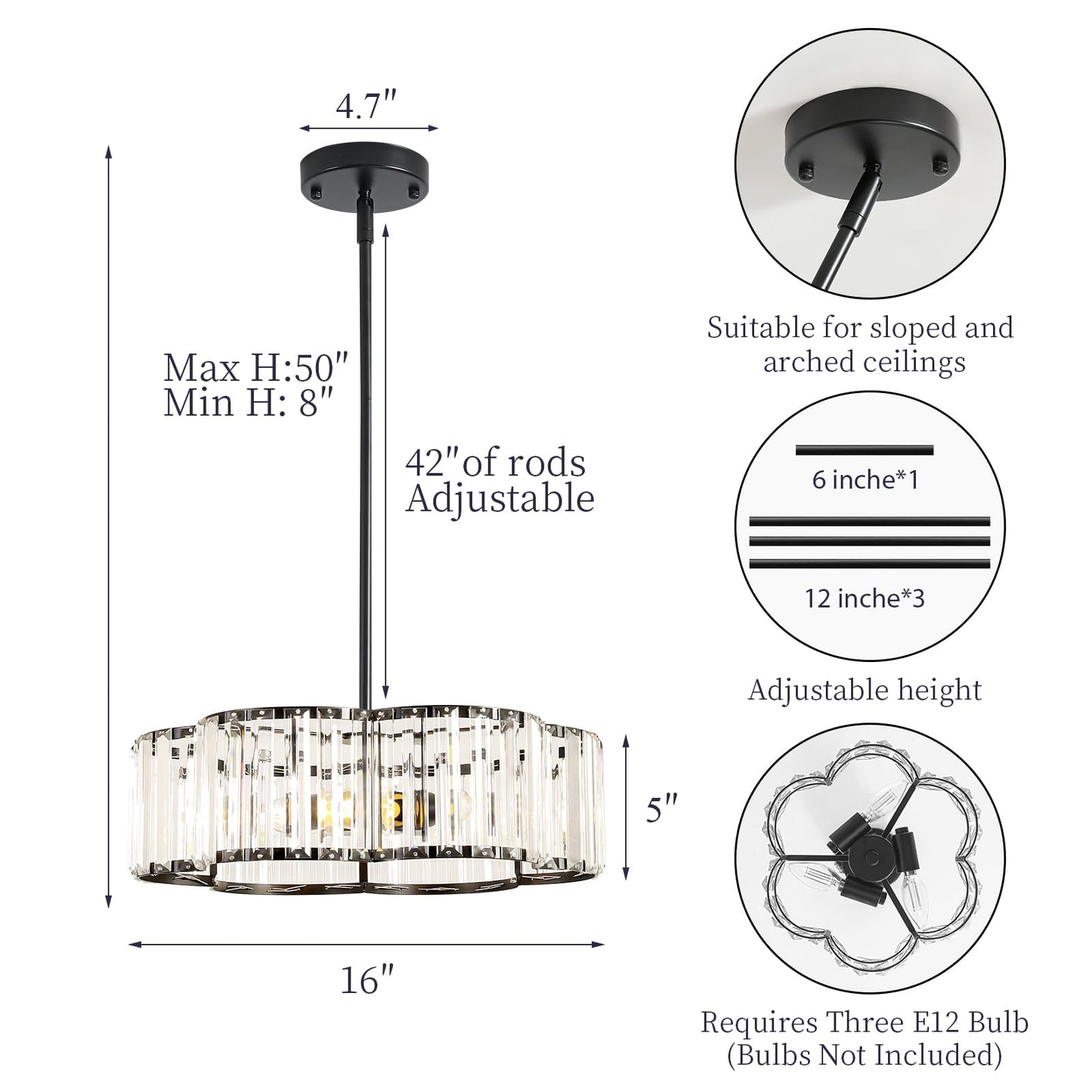 etiruety Modern Black Crystal Semi Flush Mount Ceiling Light Fixtures 16 in
