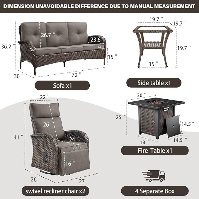 Belord 5 Piece Wicker Patio Furniture Set with 30" Propane Fire Pit Table, Outdoor Swivel Recliner Chairs with Adjustable Backrest & Footrest for Patio Conversation and Backyard Gathering
