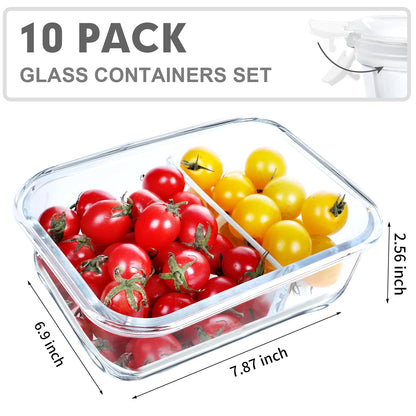 VERONES 10 Pack Glass Meal Prep Containers 2 Compartment Set, 30 OZ Airtight Glass Lunch Containers, Glass Food Storage Containers with Lids, for Microwave, Oven, Freezer & Dishwasher Friendly，White