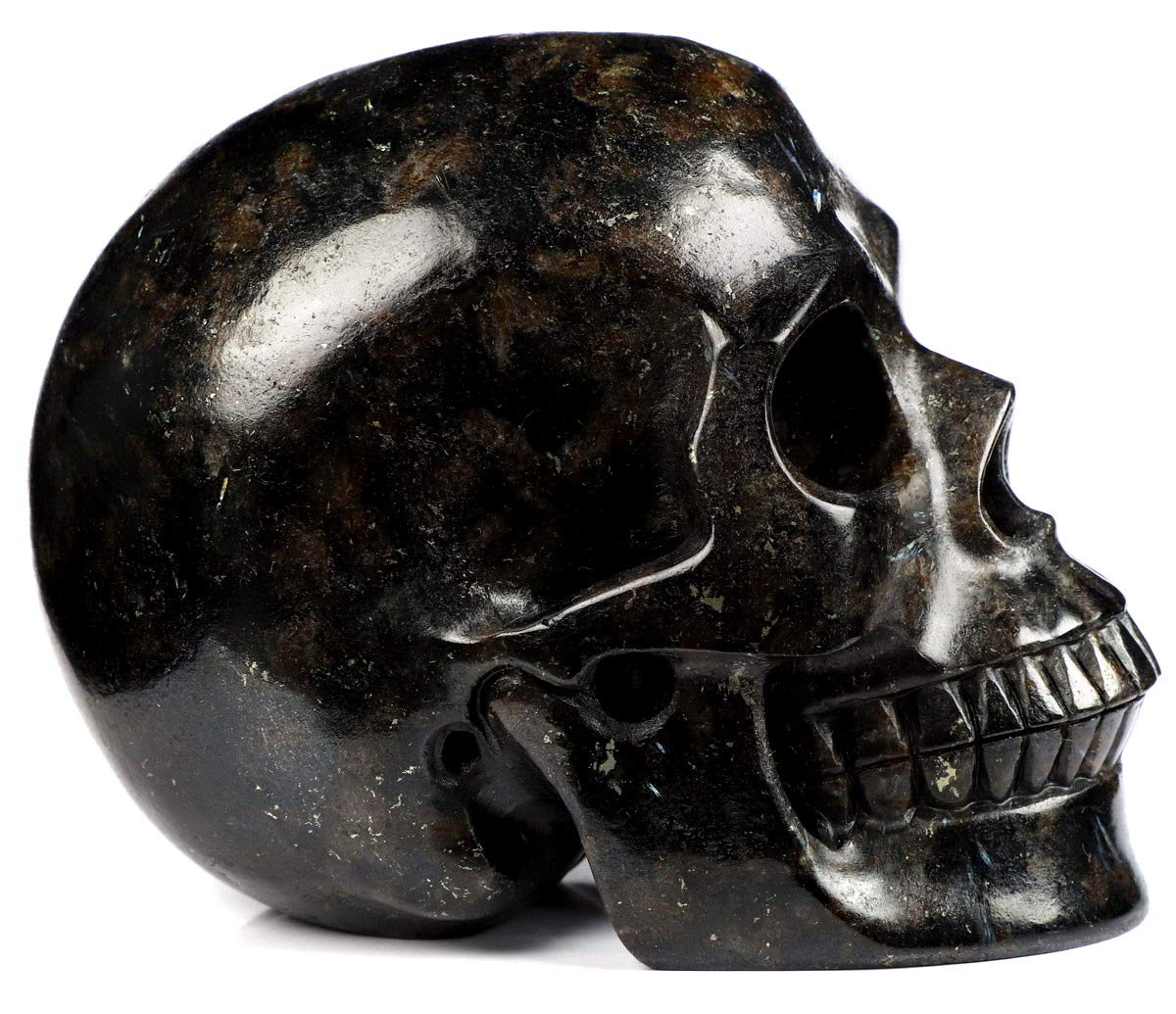 Skullis 5.0" Russian Arfvedsonite Crystal Skull, Hand Carved Gemstone Fine Art Sculpture, Reiki Healing Stone Statue.