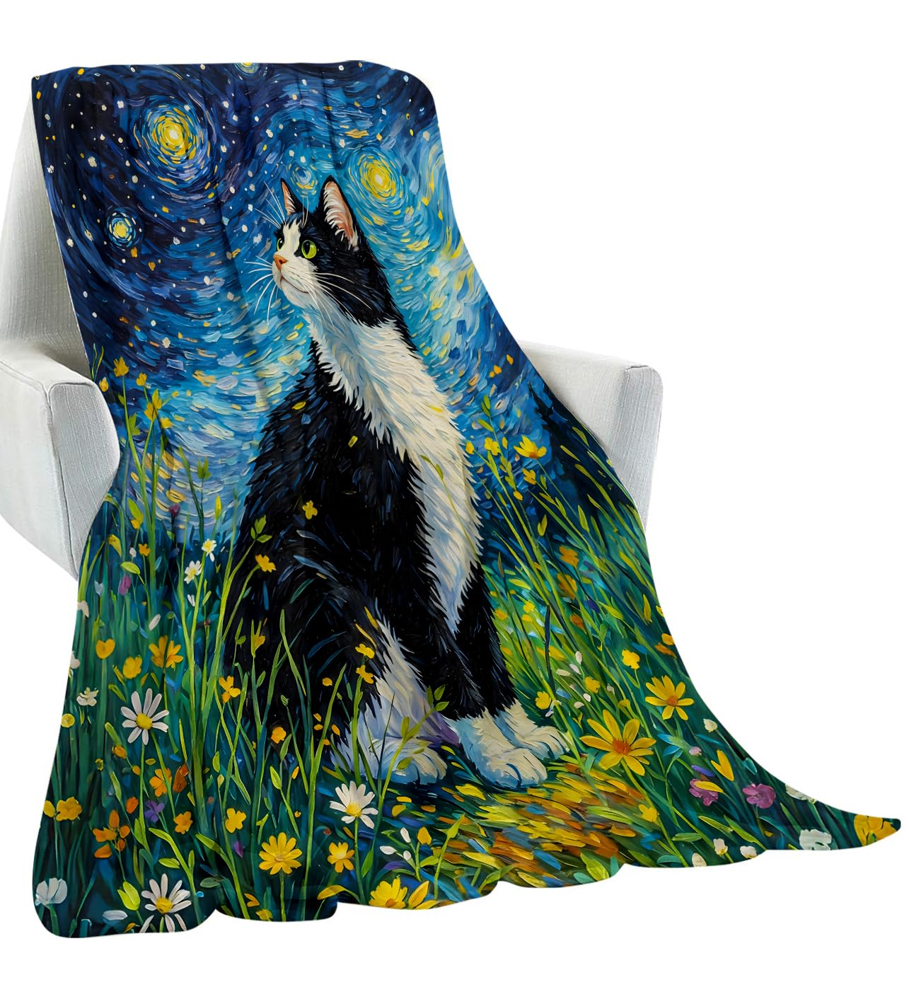 amepay Starry Night Cat Blanket,Starry Sky Oil Painting Style Kitten Throw Blankets Lightweight Flannel Throws 50×60 for Couch Bed,All Season Home Decor for Living Room Bedroom,Gifts Young Adults