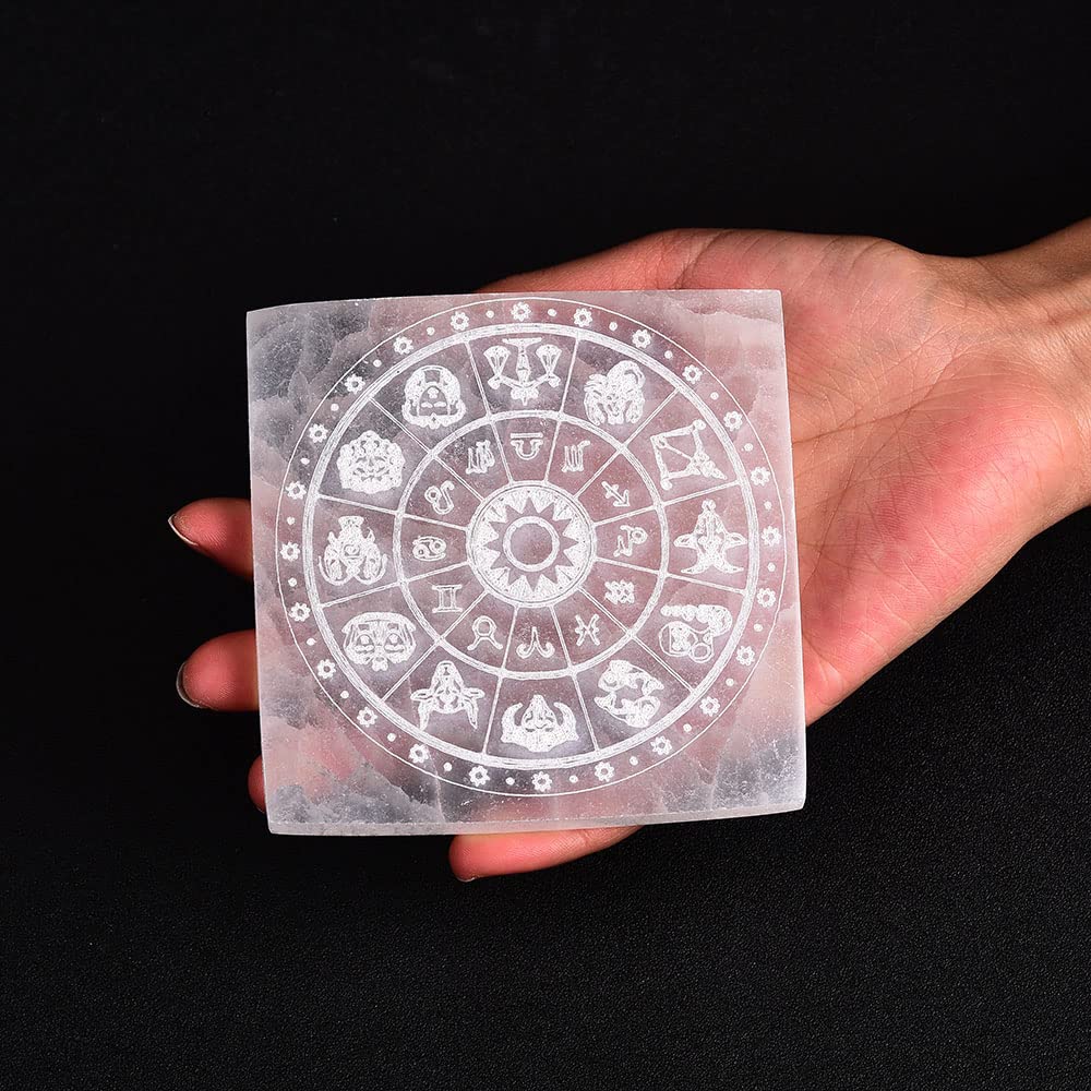 JIC Gem 4" Square Selenite Charging Plate 12 Star Engraved Selenite Slab Healing Crystal Charging Station