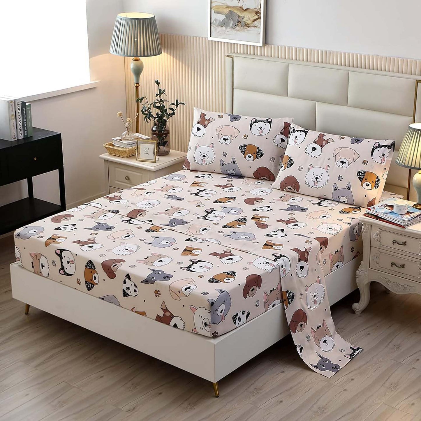 SDY 4 Pieces Dog Bedding Sheets Set Queen Size, Cute Puppy Pattern Sheet Sets with Deep Pocket, Kawaii Bedroom Decor for Kids, Teens, Children, Baby, Boys, Girls and Animal Lovers (Dog, Queen)
