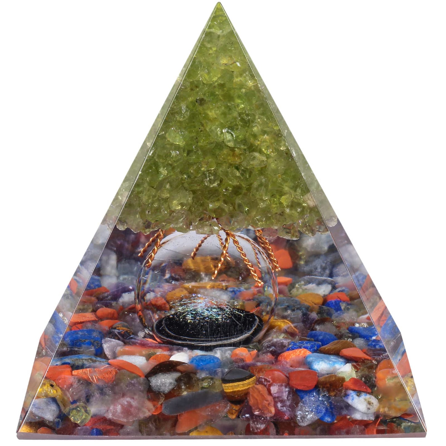 Rockcloud Tree of Life Orgone Pyramid Crystal Stone with Glass Sphere for Home Office Decor, Energy Generator for Meditation Yoga Reiki, Olivine and Mixed Stones