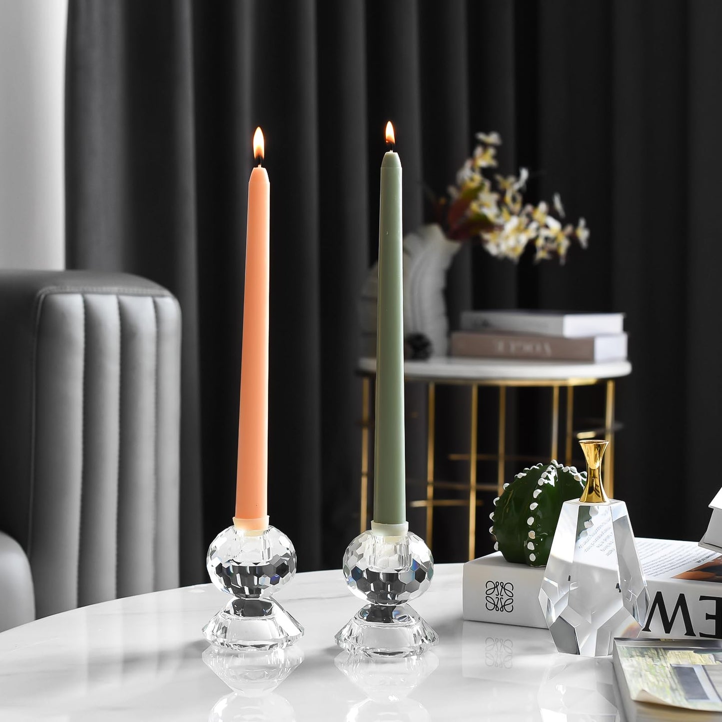 DONOUCLS Reversible Crystal Candle Holders Pack of 2, Clear Tealight or Taper Candlesticks, Table Centerpiece Home Decor for Wedding, Dining, Party(3.1in Tall)