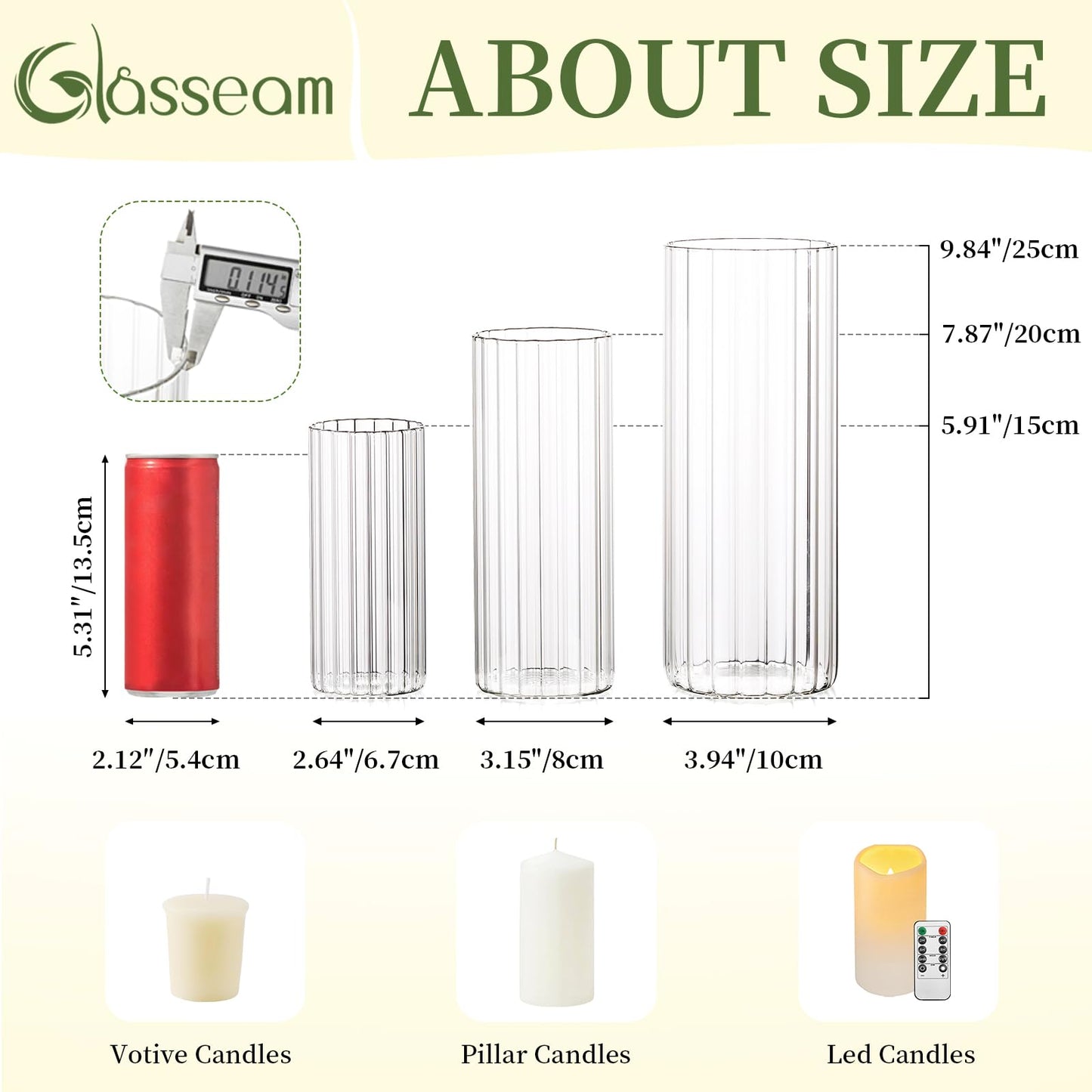 Glasseam Ribbed Glass Candle Holder, Cylinder Candle Holders for Pillar Candles, Clear Hurricane Candle Holder Set of 6, Decorative Floating Candle Vases for Centerpieces Wedding Table Decorations