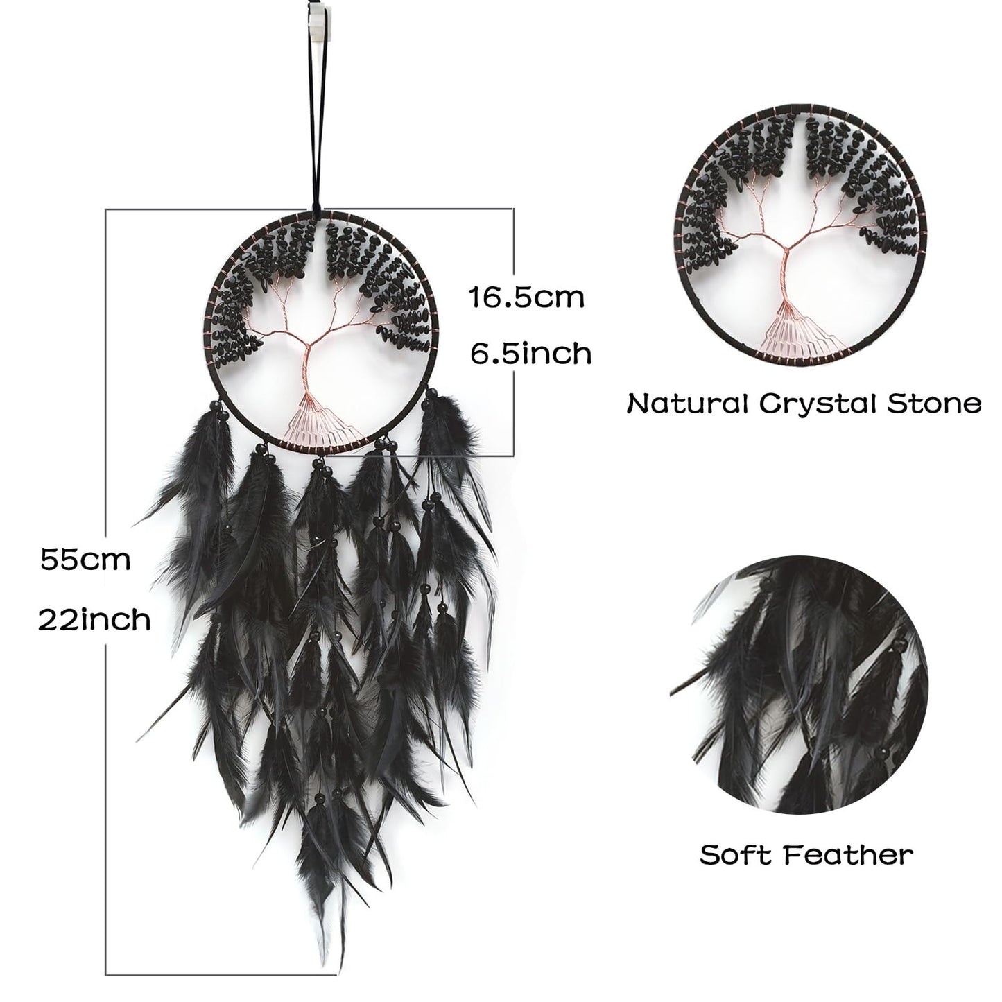 RAGKUU Black Dream Catcher Wall Decor Crystal Tree of Life Dream Catchers Handmade Feather Dreamcatcher Wall Hanging Ornament for Bedroom Living Room Home Decor