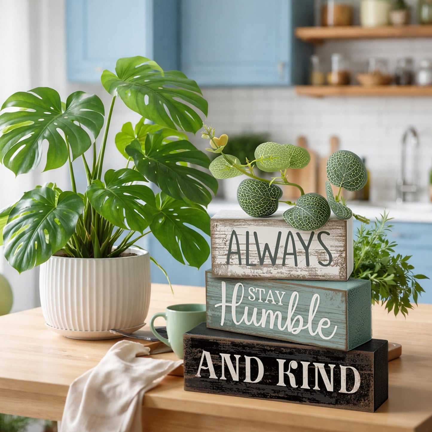 Lineshading 4 Pcs Inspirational Farmhouse Table Decor Always Stay Humble and Kind Stacked Wooden Block Signs with Inspirational Quote Eucalyptus Leaves for Home, Living Room, Shelf Housewarming Gift