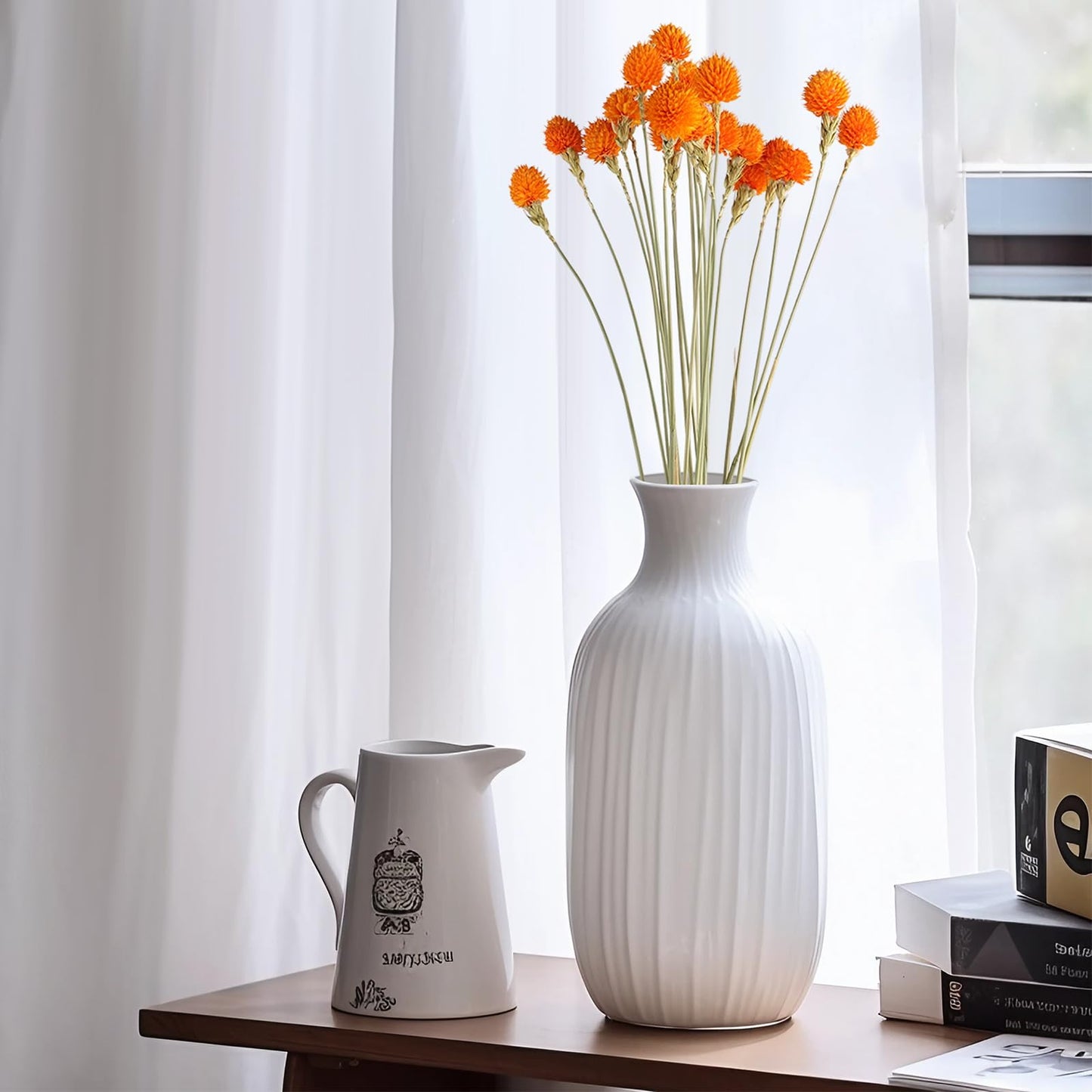 MIHUAGE Dried Globe Amaranth Flower with Wheat Straw Natural - 40PCS Bouquet for Vase Home Decor Party DIY Arrangement (Orange)