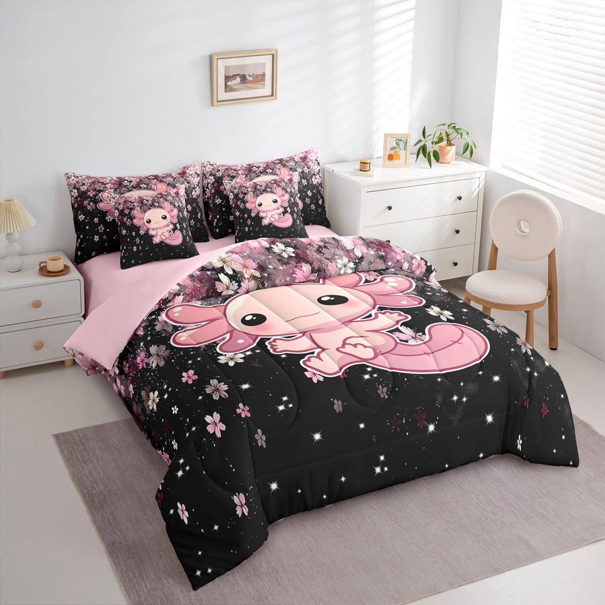 Pink Axolotl Queen Comforter Set Romantic Cherry Blossom Bed in a Bag with Flat and Fitted Sheet for Kids Girls Teens 7-Piece Bedding Set Girly Kawaii Animal Quilt Duvet SetsCartoon Axolotl