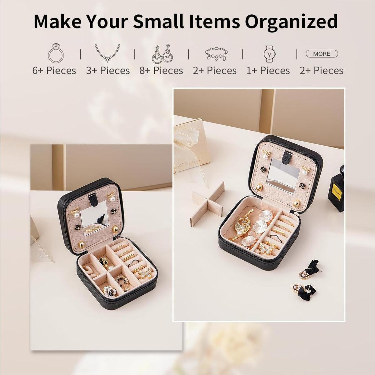 Artinhand Black Skull with Gold Roses Small Travel Jewelry Case with Mirror Portable Black PU Leather Box Earrings Necklaces Rings Bracelets Storage Organizer Gift for Women And Girls