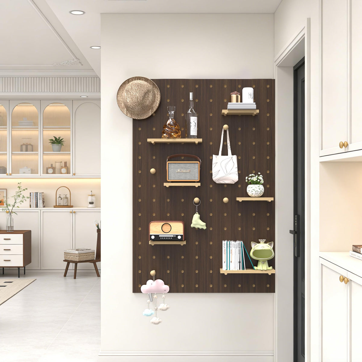 Wooden Pegboard Wall Organizer Kit, Modular DIY Peg Board Panels with Hooks, Pegboard Storage System Combination Set for Garage Office Craft Room Bedroom Kitchen, Living Room (Brown, 80X120CM)
