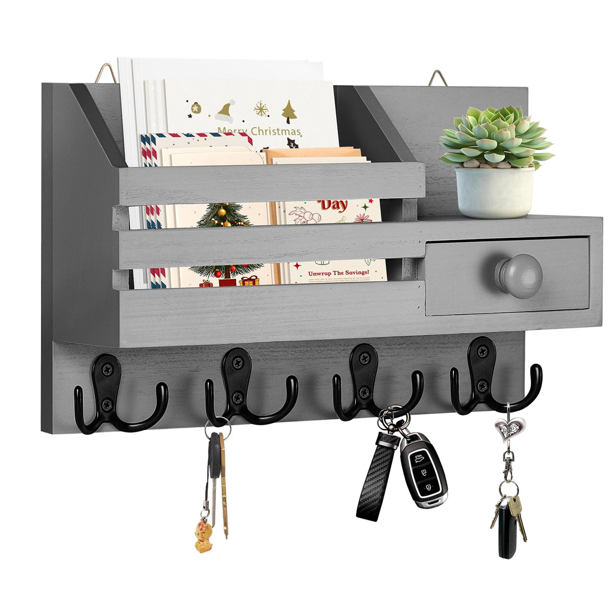 HOMEBROS Key Holder Wall Mount, Wooden Adhesive Mail and Key Organizer with Drawer, Small Shelf, 8 Hooks, 2 Installation Methods, Gray