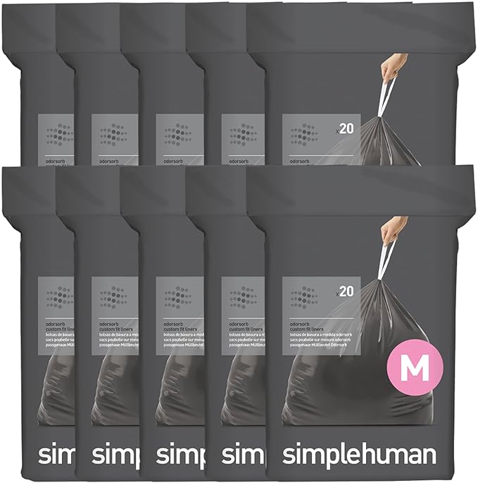 simplehuman Code M 200 Count, Genuine Odorsorb Custom Fit Liners, Drawstring