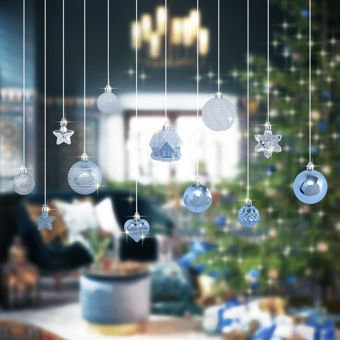 MoonXmas Christmas Ball Ornament Set, 88Pcs Plastic Shatterproof Christmas Xmas Tree Hanging Decorations, for Indoor Home Thanksgiving Halloween Party Decor - Blue/Silver.