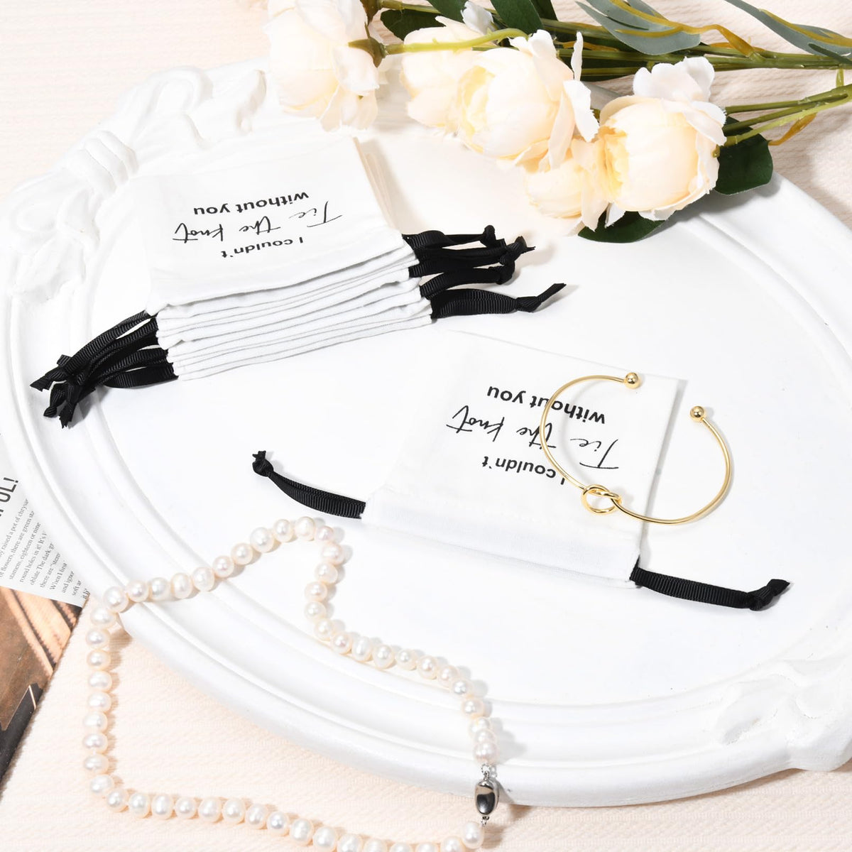CEELGON 12 Pcs Jewelry Pouch Set of 6 Linen Cotton Small Drawstring Bags & Bridesmaid Knot Bracelet Jewelry Packaging Proposal Gift Bridal Party Favors (Gold)
