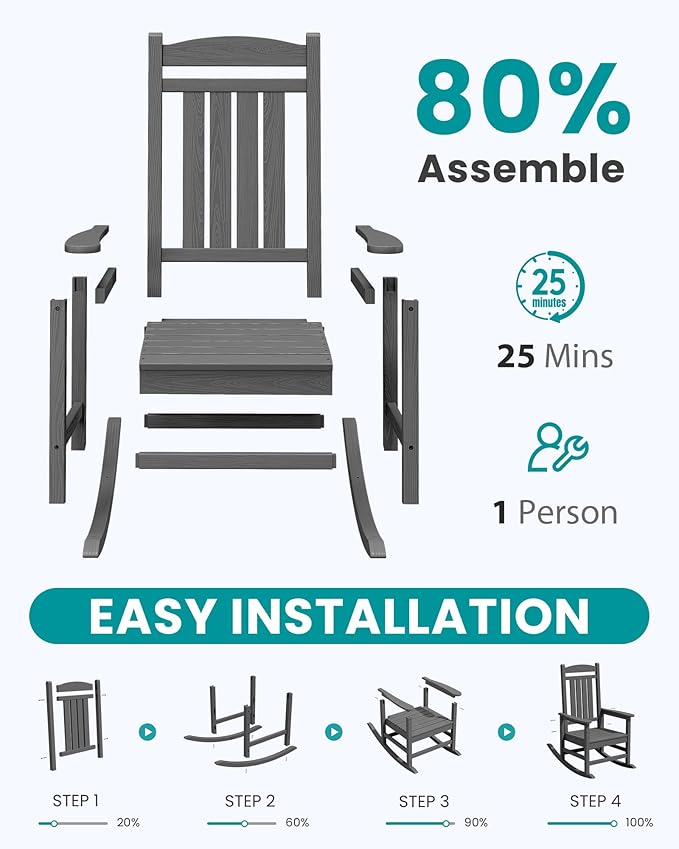 SERWALL Outdoor Rocking Chair Set of 2, HDPE Patio Rocking Chair, All-Weather Porch Rocker for Balcony, Yard, Dark Gray