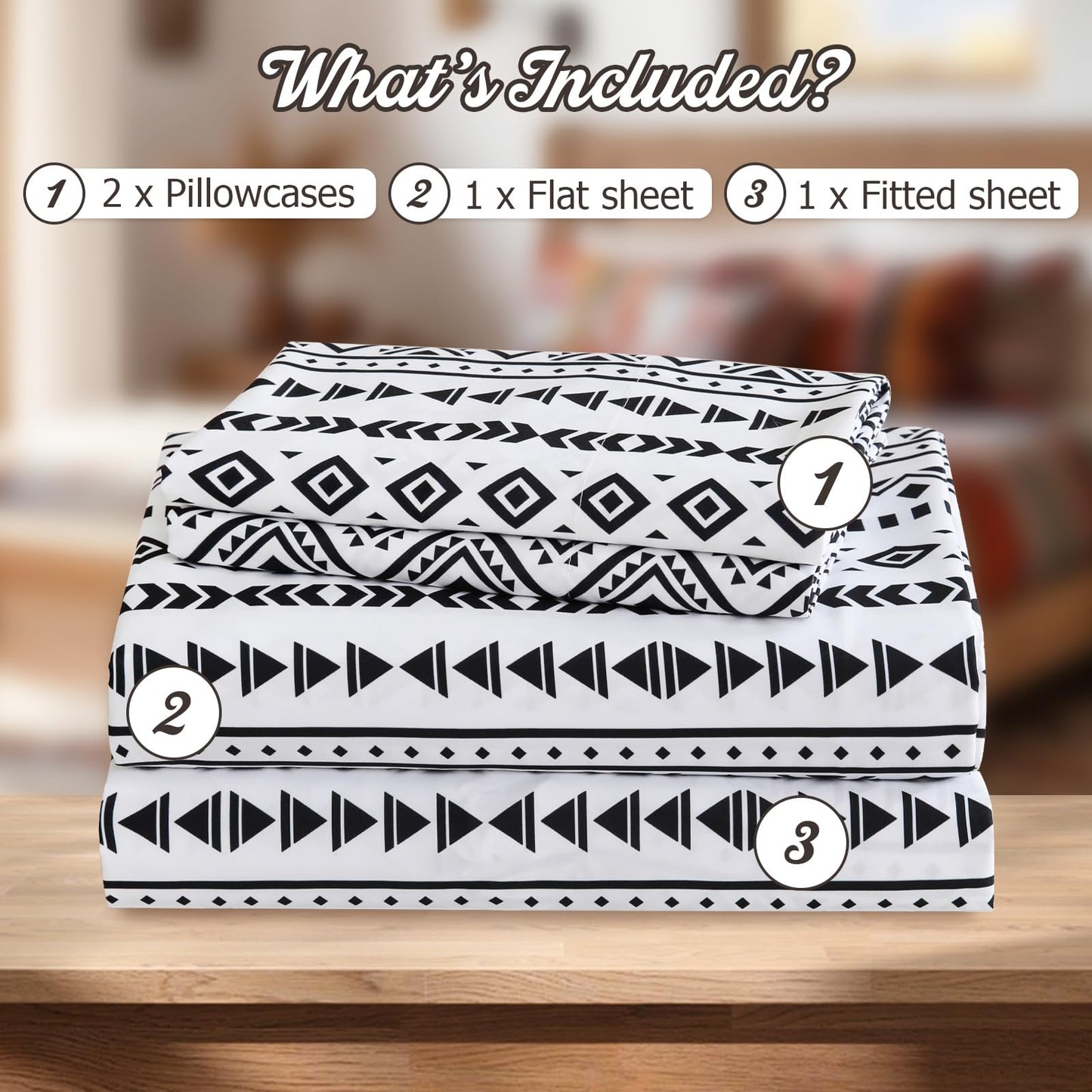 CozySmile King Size Sheet Set 4 Piece,Soft & Breathable Bedding Deep Pocket 16" Cooling Wrinkle Free Comforter Bed Set Western Sheets Geometric(King, Black White Geometric)