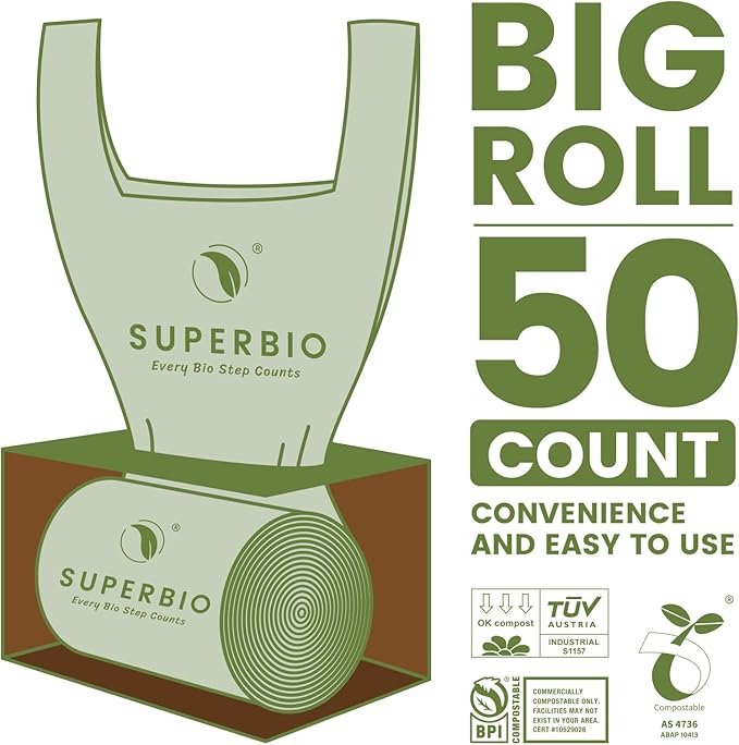 SUPERBIO 1.6 Gallon Handle Tie Compostable Food Scrap Bags, Small Compost Bags
