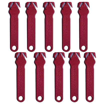Cardinal Safety Box Cutter with Concealed Stainless Steel Blade, Package Opener Plastic Cutter for Box, Carton, Shrink Wrap, Plastic Straps (Red,Pack of 10)