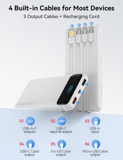 Portable Charger, 10000mAh 22.5W Fast Charging Power Bank with 4 Built-in Cables, Travel Essentials Battery Pack with LED Display, 6 Outputs Charging Bank Compatible with iPhone, iPad, Samsung White
