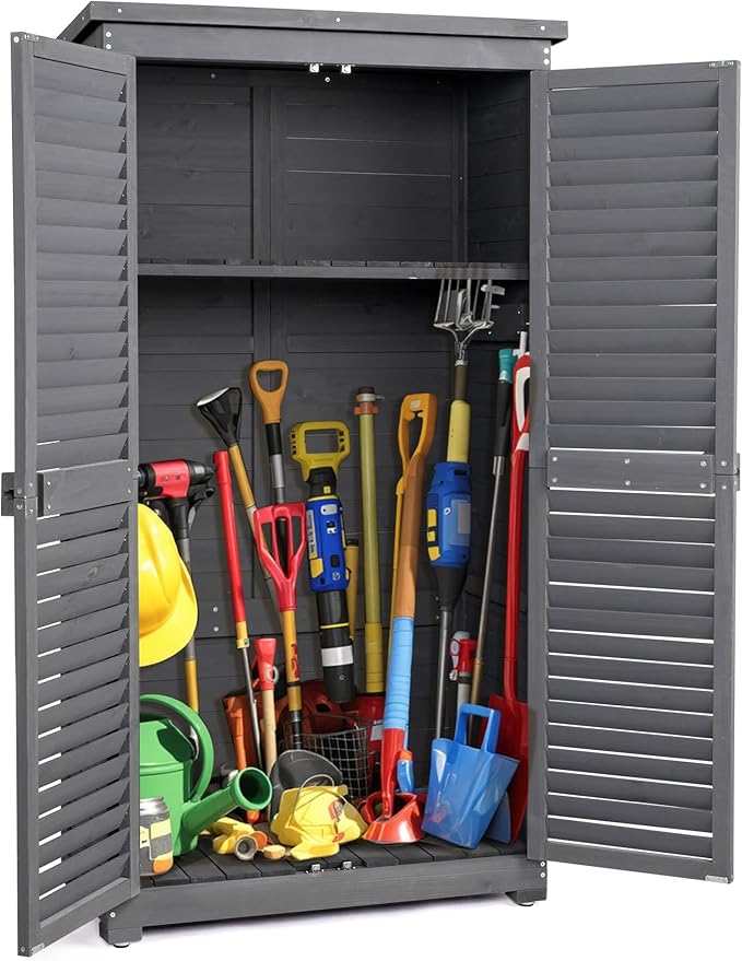Outvita Outdoor Storage Cabinet, 63in Wooden Garden Tools Shed with 2 Lockable Doors, 3 Adjustable Shelves, Waterproof Roof for Yard Garge Patio Deck Porch（Grey）