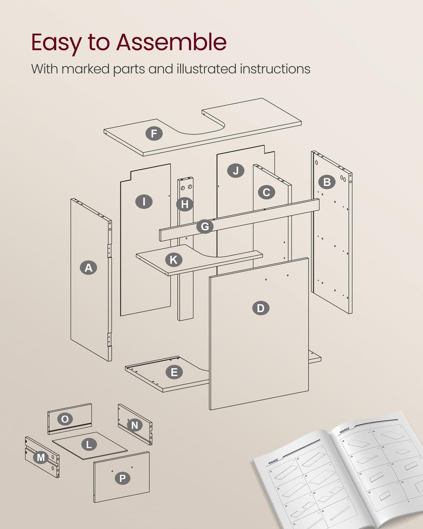 VASAGLE Under Sink Bathroom Cabinet, Storage Cabinet, with 3 Drawers, 2 Compartments Behind the Door, for Washbasins with Pedestal, with Feet, 30 x 70 x 64 cm, Cloud White BBK504W01